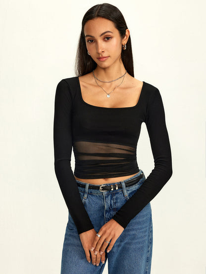 File Kare Yaka Yarı Şeffaf Tişört