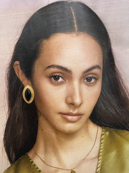 Altın Disk Siyah Oniks Küpeler