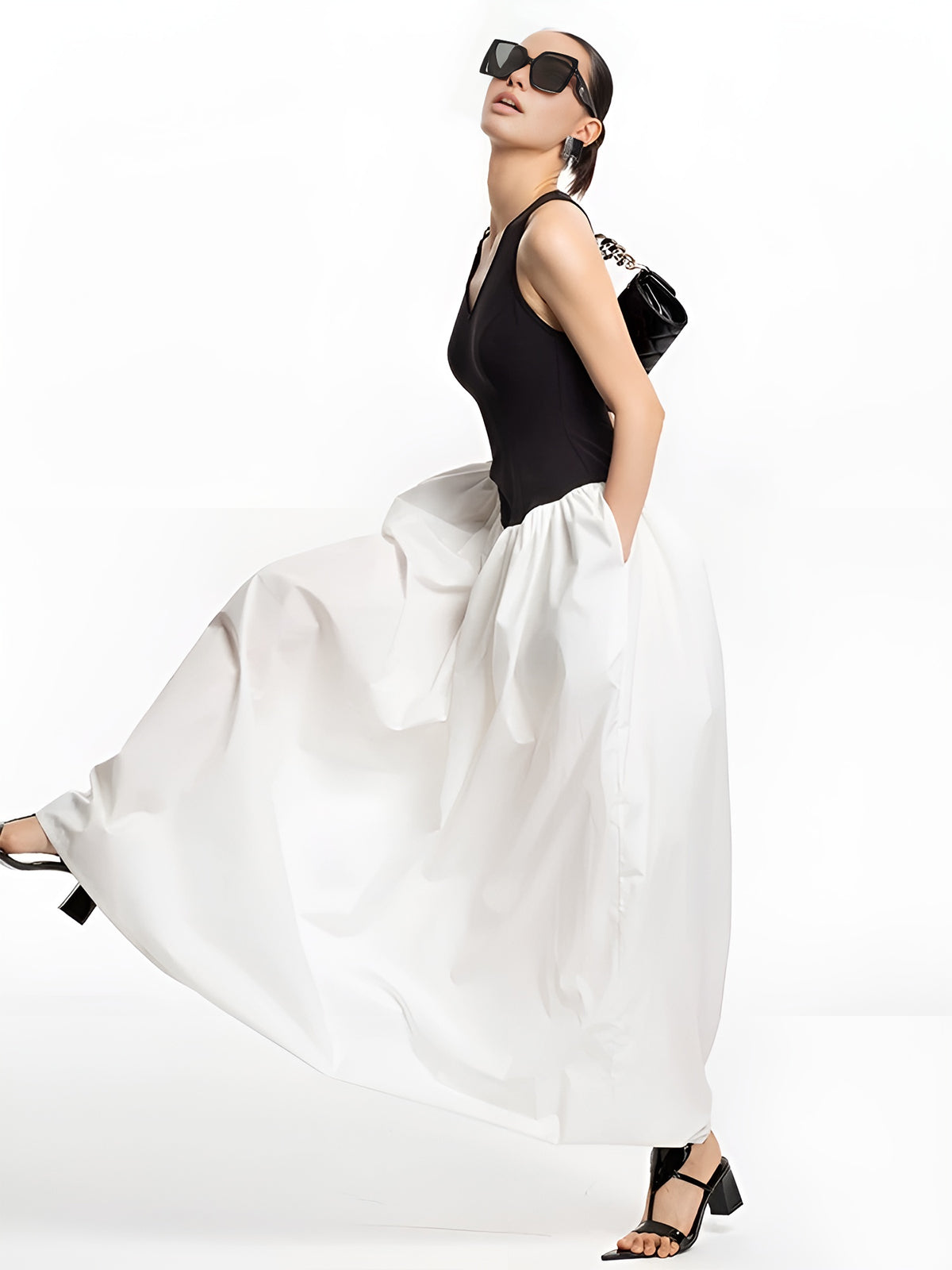 Yarı Şeffaf Renk Bloklu Panel Cepli Elbise