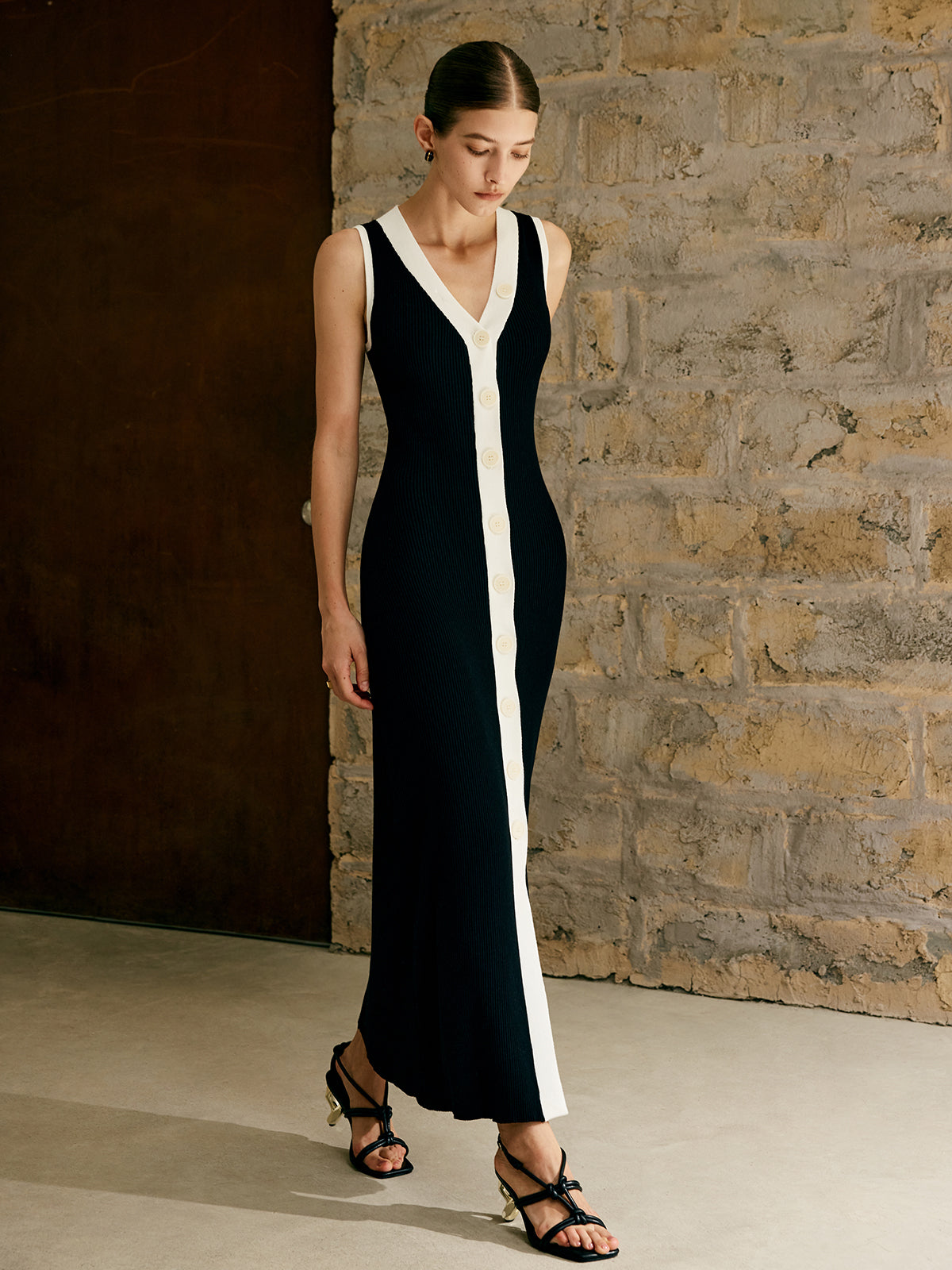 Kontrast Kesim Düğmeli Kazak Tank Elbise