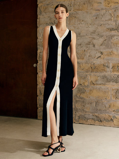 Kontrast Kesim Düğmeli Kazak Tank Elbise