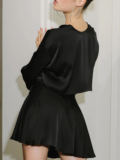 Saten Ham Etek Ucu Bağlamalı İki Parça Etek Takımı