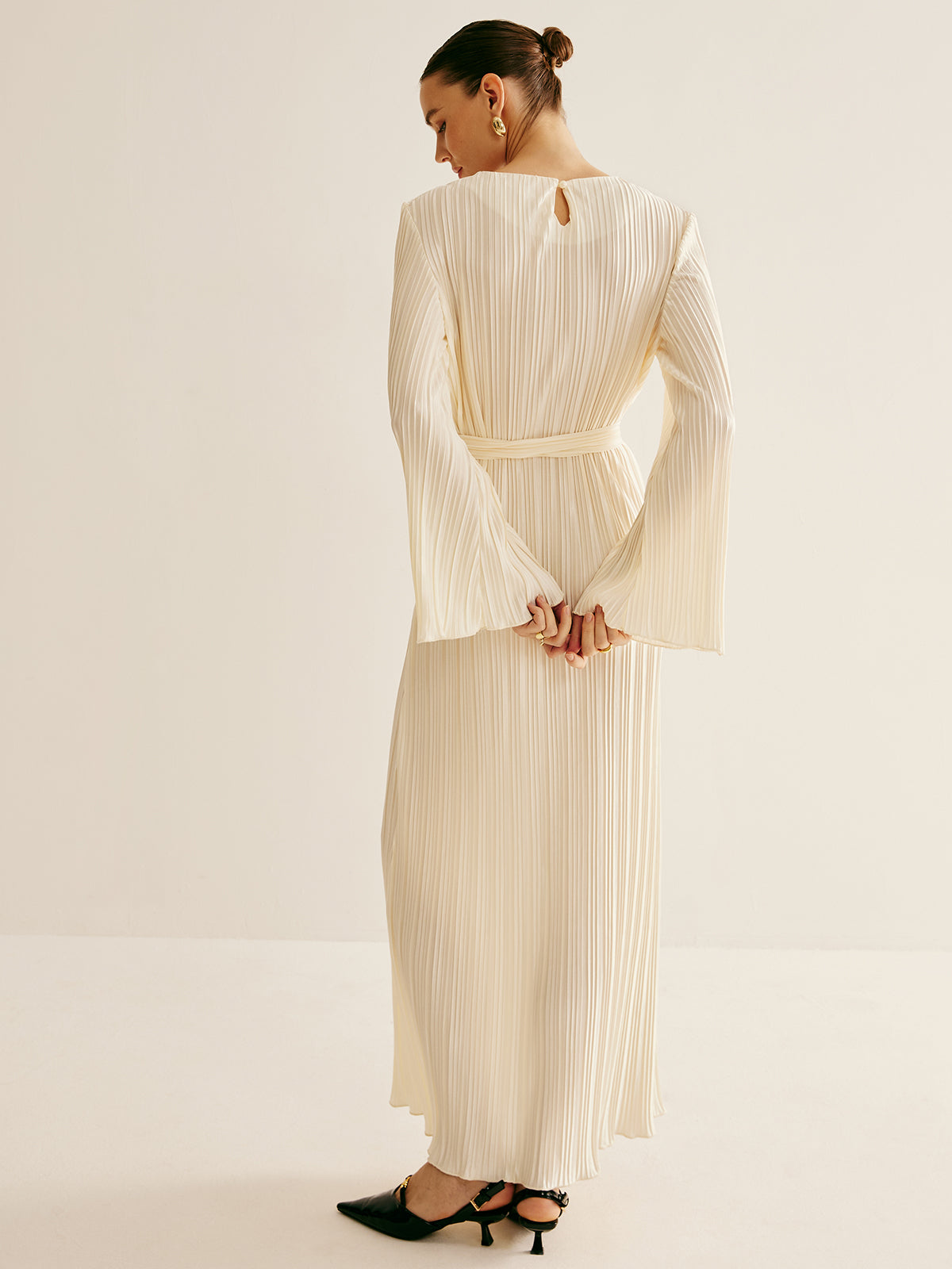 Minimalist Plisse Volanlı Kemerli Elbise