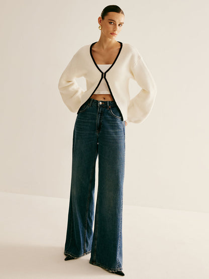 Büyük Boy Kontrast Kesim Tokalı Örgü Dış Giyim