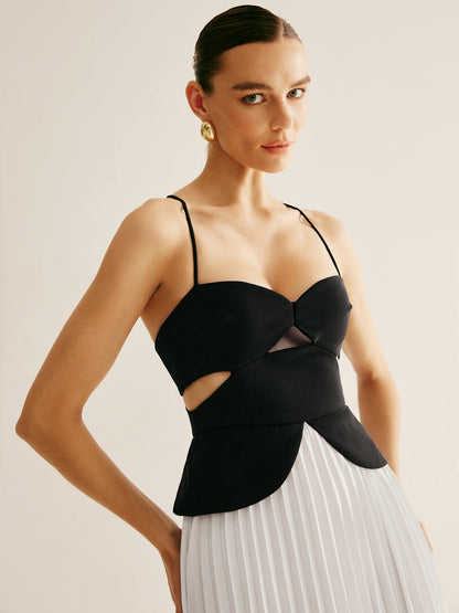 İki Tonlu Panelli Kesikli Pileli Elbise