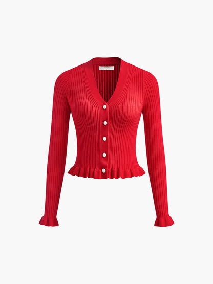 Fırfırlı İnci Düğmeli Uzun Kollu Hırka