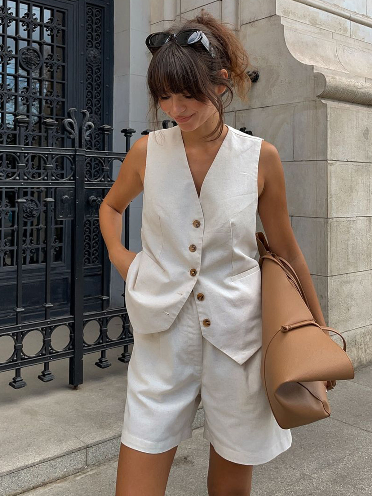 Pamuk ve Keten Cepli Şort Takımı