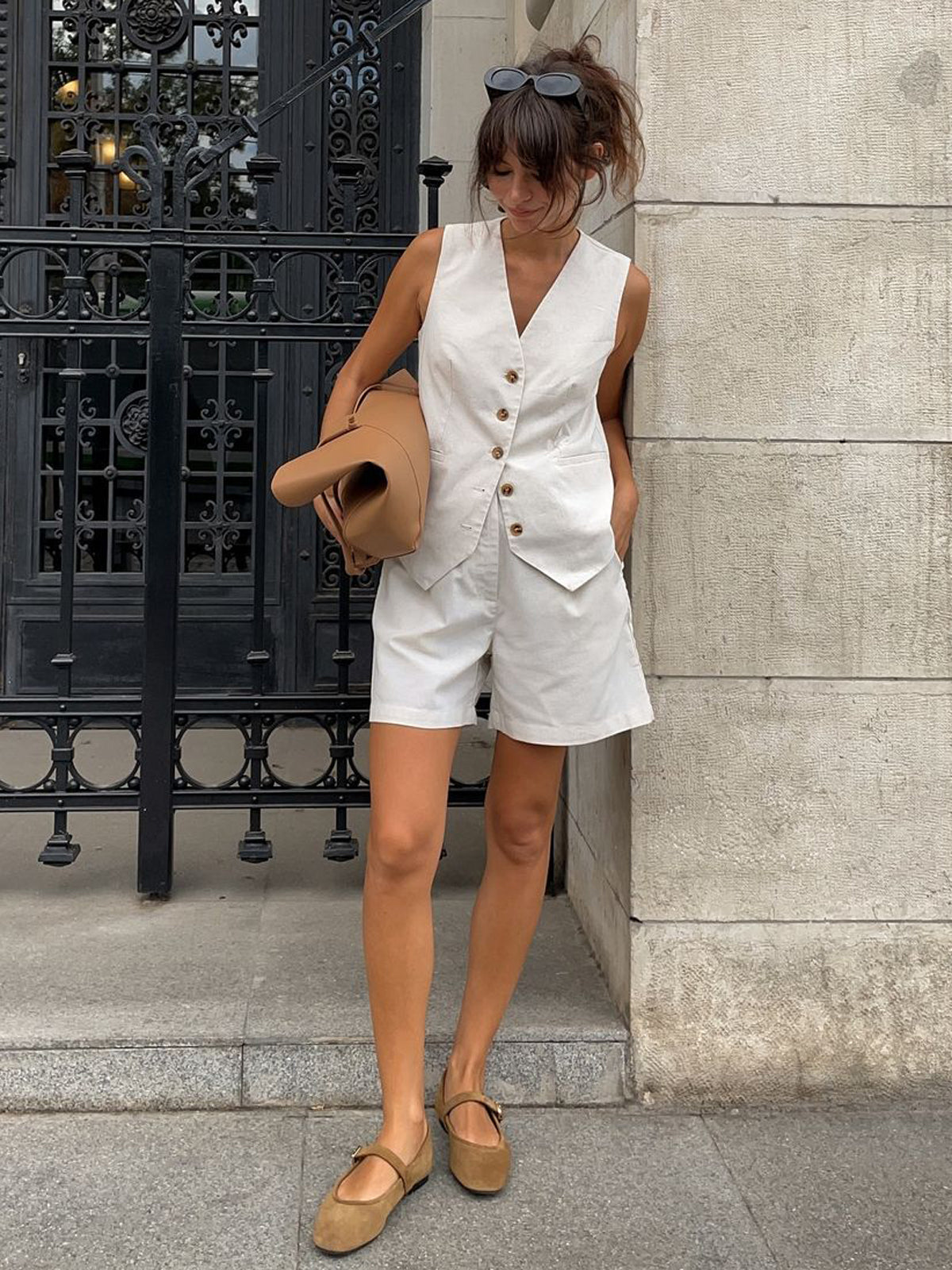 Pamuk ve Keten Cepli Şort Takımı