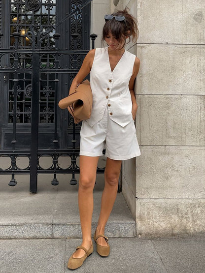 Pamuk ve Keten Cepli Şort Takımı