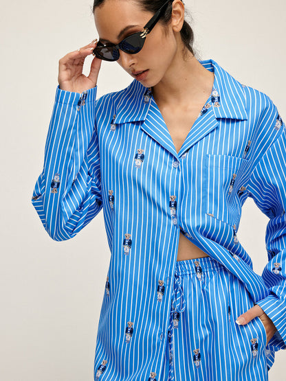 Çizgili Yaka Baskılı Pantolon Takımı