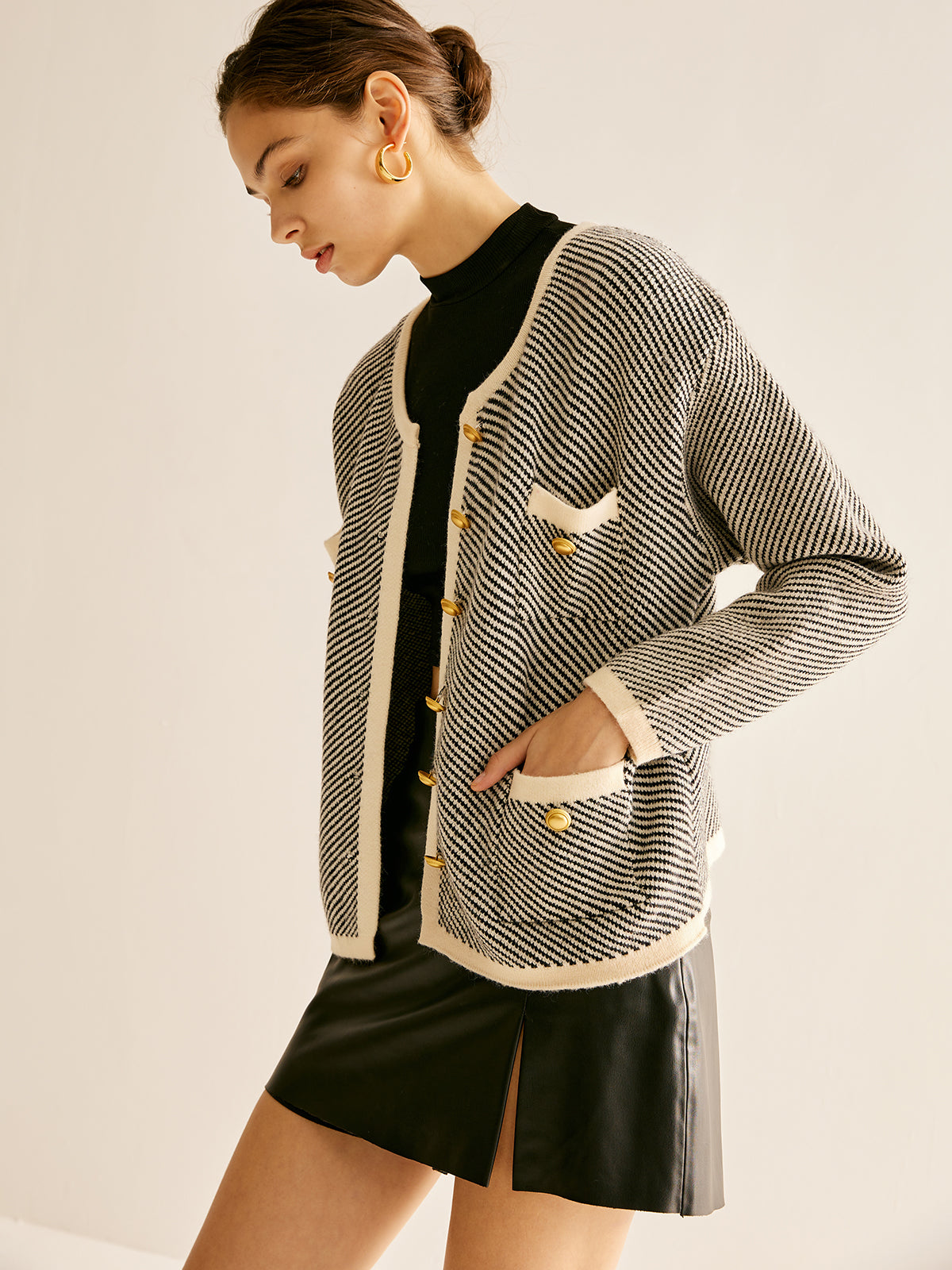 Kontrast Kesim Cepli Örme Dış Giyim