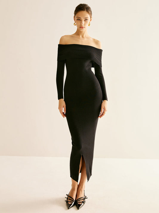 Omuzları Açık Yırtıklı Kazak Elbise