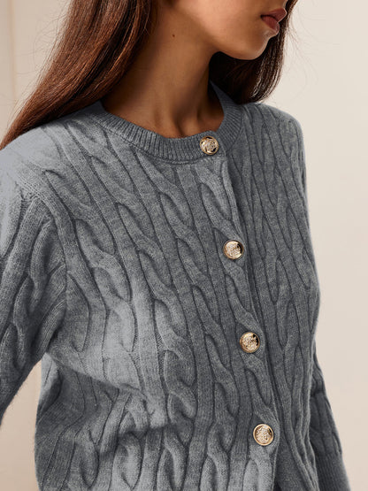 Yuvarlak Yaka Düğmeli Kablolu Hırka