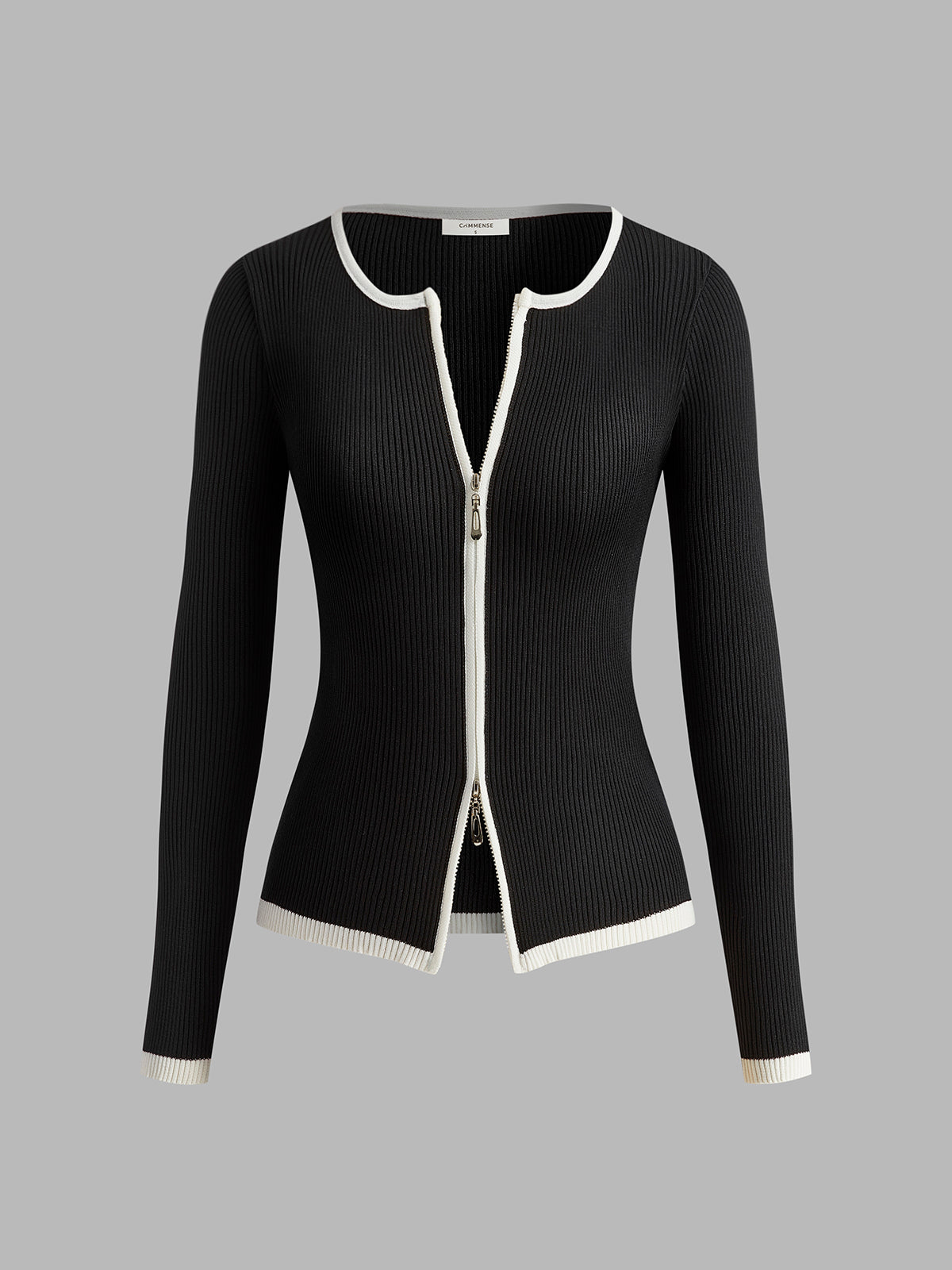 Kontrast Kesim Çift Fermuarlı Örgü Üst