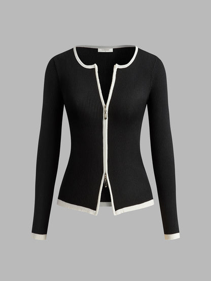 Kontrast Kesim Çift Fermuarlı Örgü Üst