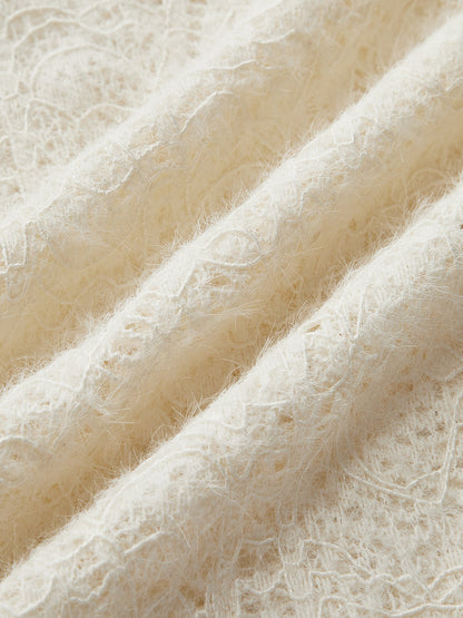 Çiçekli İçi Boş Örgü Yuvarlak Yaka Uzun Kollu Üst