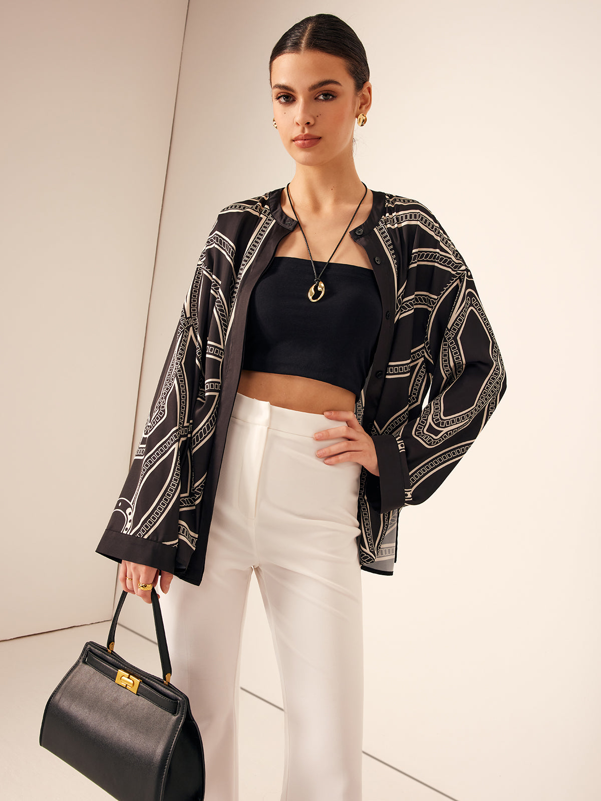 Bohem Baskılı Göğüslü Saten Gömlek