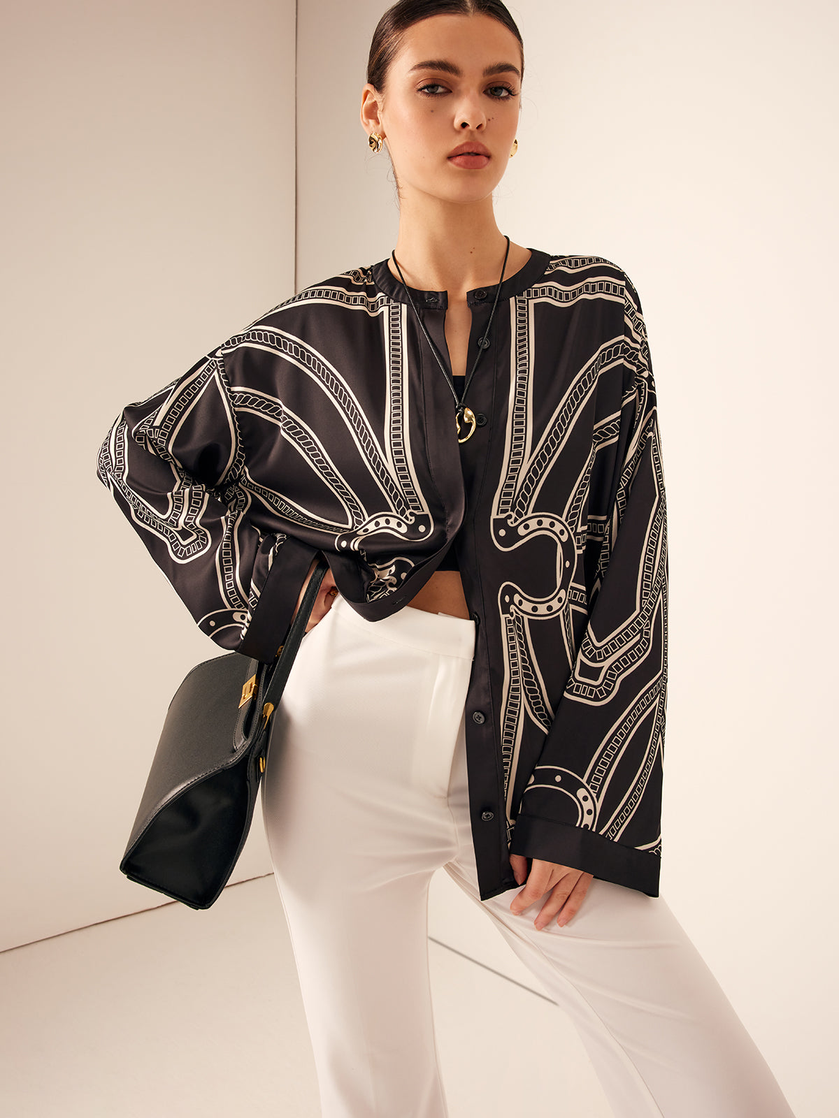 Bohem Baskılı Göğüslü Saten Gömlek