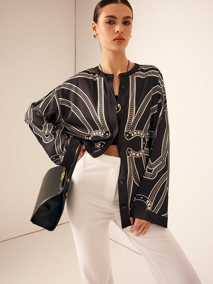 Bohem Baskılı Göğüslü Saten Gömlek