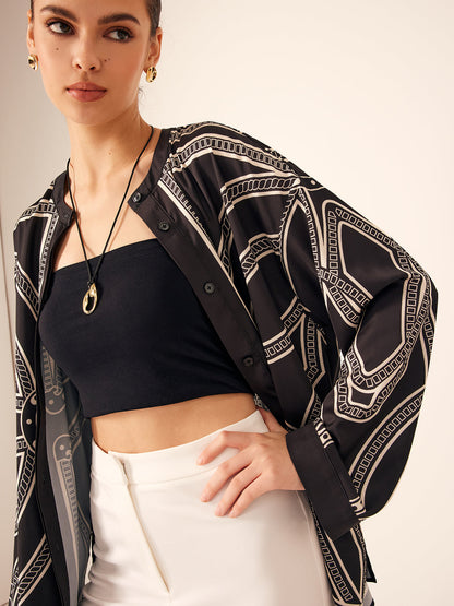 Bohem Baskılı Göğüslü Saten Gömlek