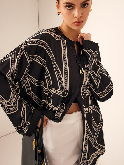 Bohem Baskılı Göğüslü Saten Gömlek