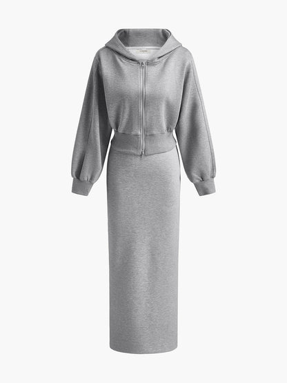 Düz Uzun Kollu Fermuarlı Kısa Kapüşonlu Üst