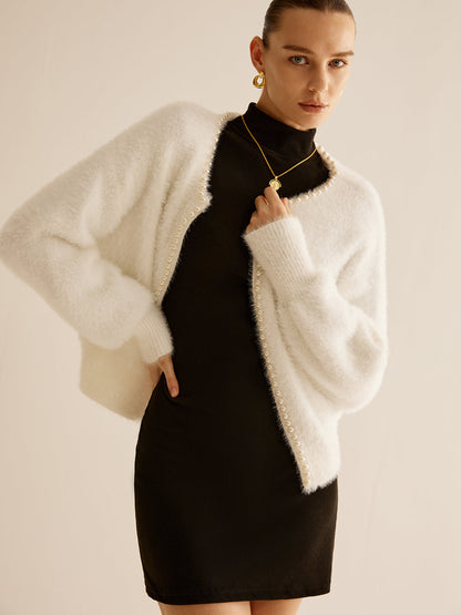 Büyük Boy İnci Kenarlı Tüylü Hırka