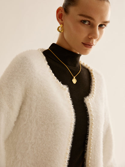 Büyük Boy İnci Kenarlı Tüylü Hırka