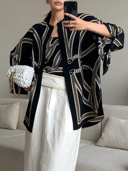 Bohem Baskılı Göğüslü Saten Gömlek