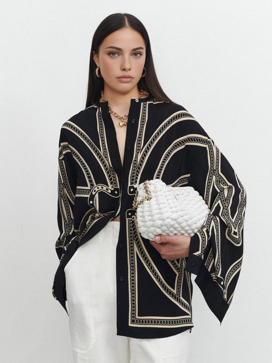 Bohem Baskılı Göğüslü Saten Gömlek