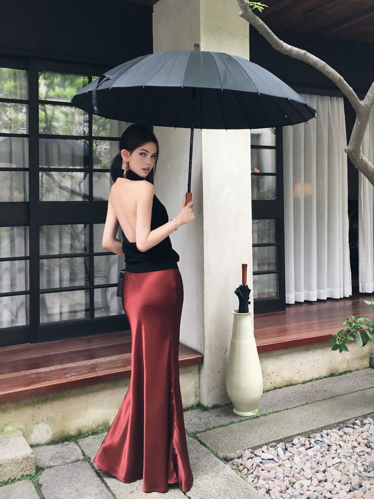 Pileli Saten Uzun Etek