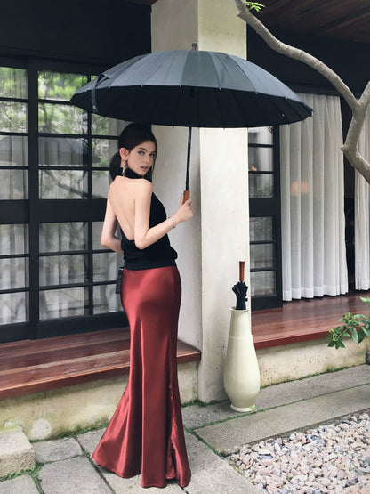 Pileli Saten Uzun Etek