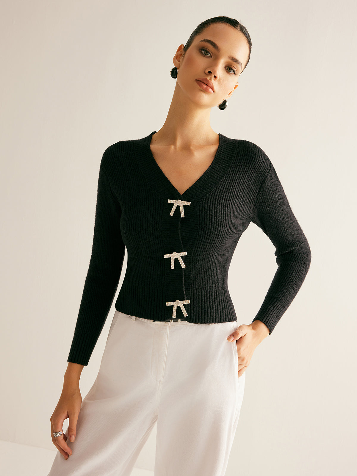 Kaburgalı Yapay Elmas Fiyonklu İnce Hırka