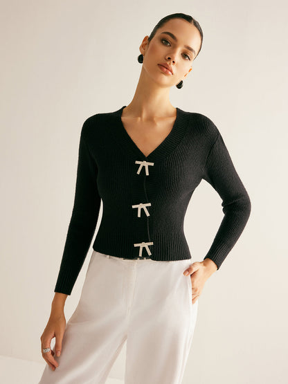 Kaburgalı Yapay Elmas Fiyonklu İnce Hırka