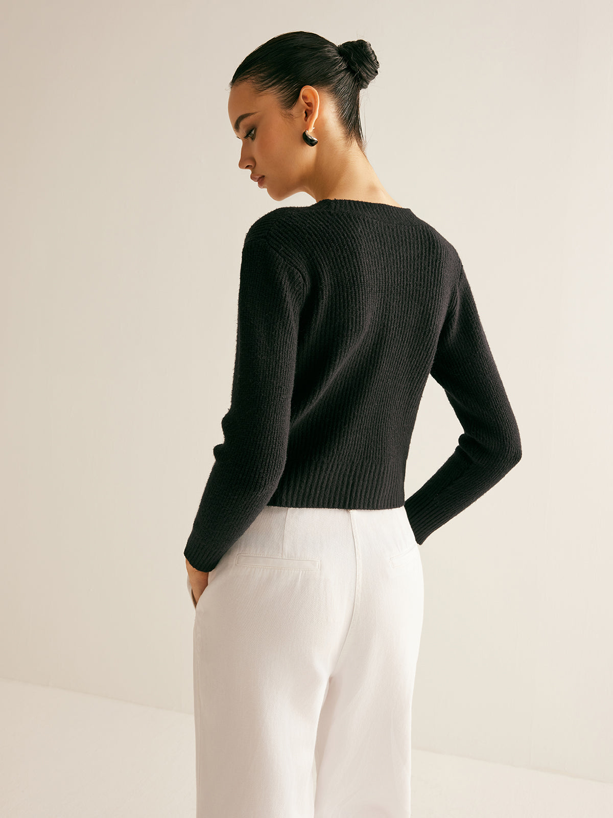 Kaburgalı Yapay Elmas Fiyonklu İnce Hırka