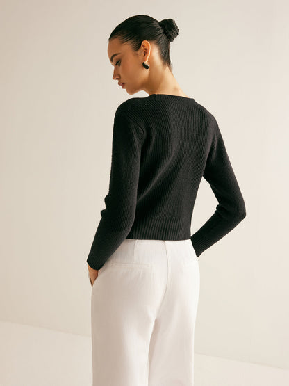 Kaburgalı Yapay Elmas Fiyonklu İnce Hırka