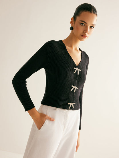 Kaburgalı Yapay Elmas Fiyonklu İnce Hırka