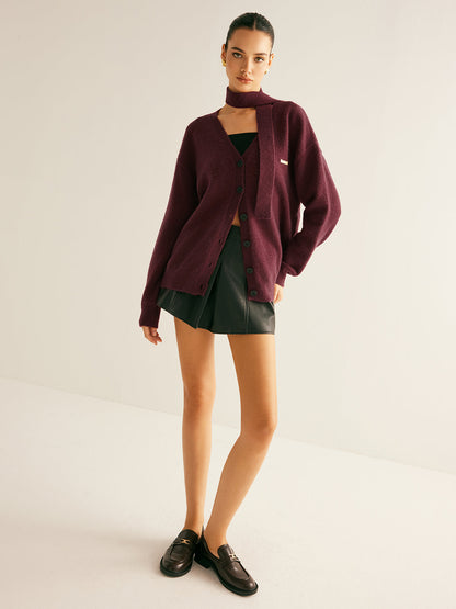 V Yaka Düğmeli Örgü Dış Giyim ve Eşarp