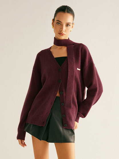 V Yaka Düğmeli Örgü Dış Giyim ve Eşarp
