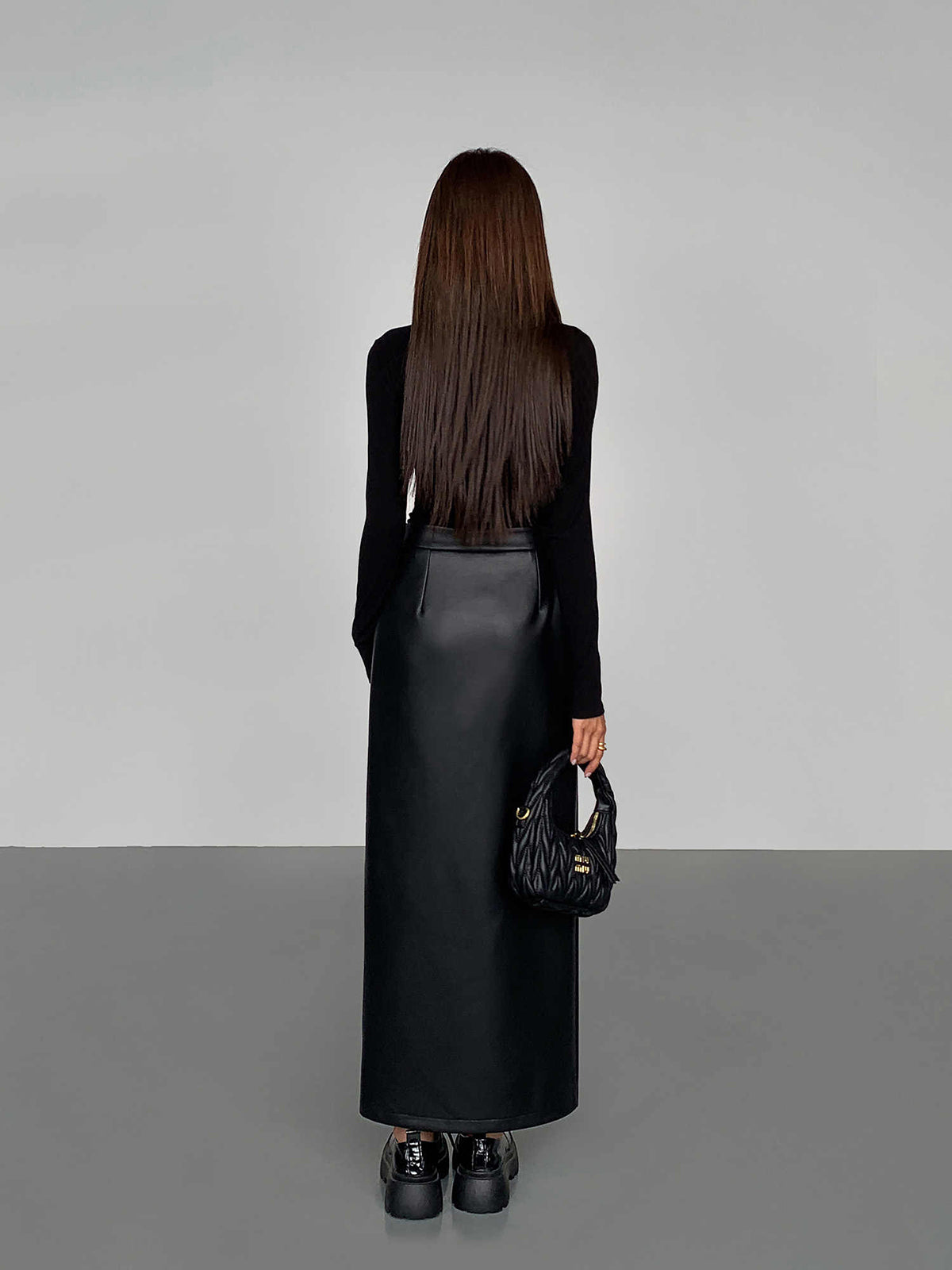 Yan Yırtmaçlı PU Deri Midi Etek