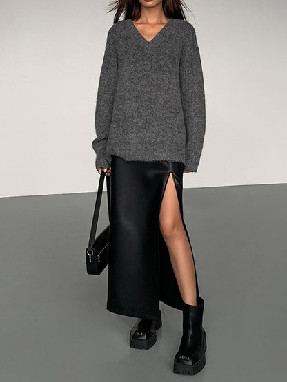 Yan Yırtmaçlı PU Deri Midi Etek