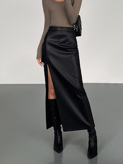 Yan Yırtmaçlı PU Deri Midi Etek
