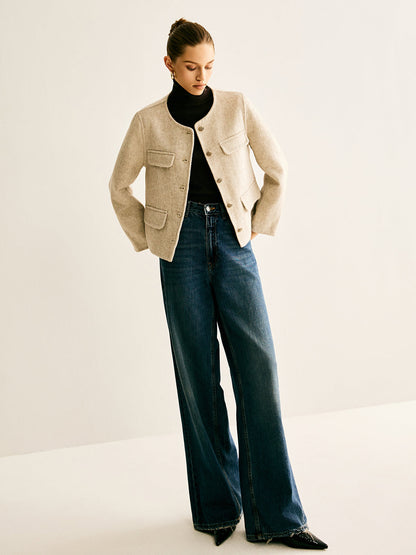 Yün Karışımlı Yuvarlak Yaka Ceket