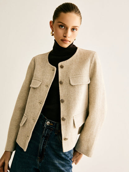 Yün Karışımlı Yuvarlak Yaka Ceket