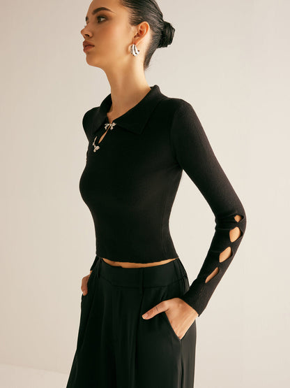 Metal Dekorlu Kesik Yaka Kısa Kazak