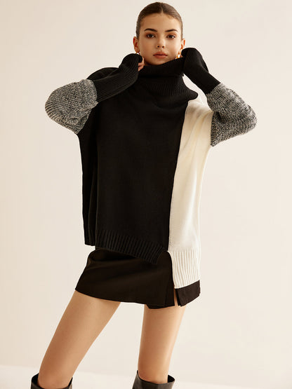 Büyük Boy Balıkçı Yaka Renk Bloklu Örgü Üst