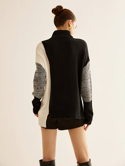 Büyük Boy Balıkçı Yaka Renk Bloklu Örgü Üst