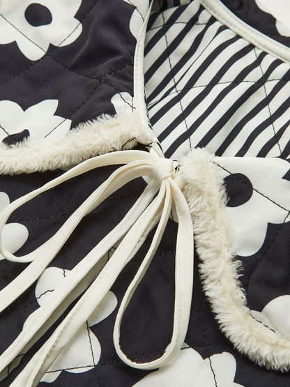 Çiçek Baskılı Bağcıklı Kışlık Mont