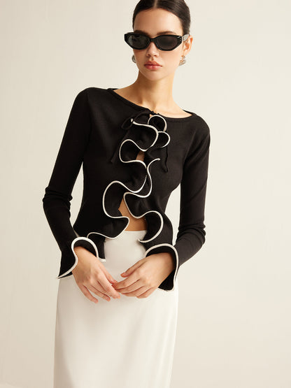 Kontrast Volanlı İnce Hırka