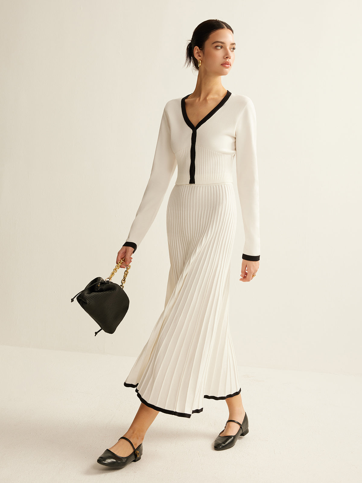 Kontrast Kesim Pileli Örgü Etek Takımı